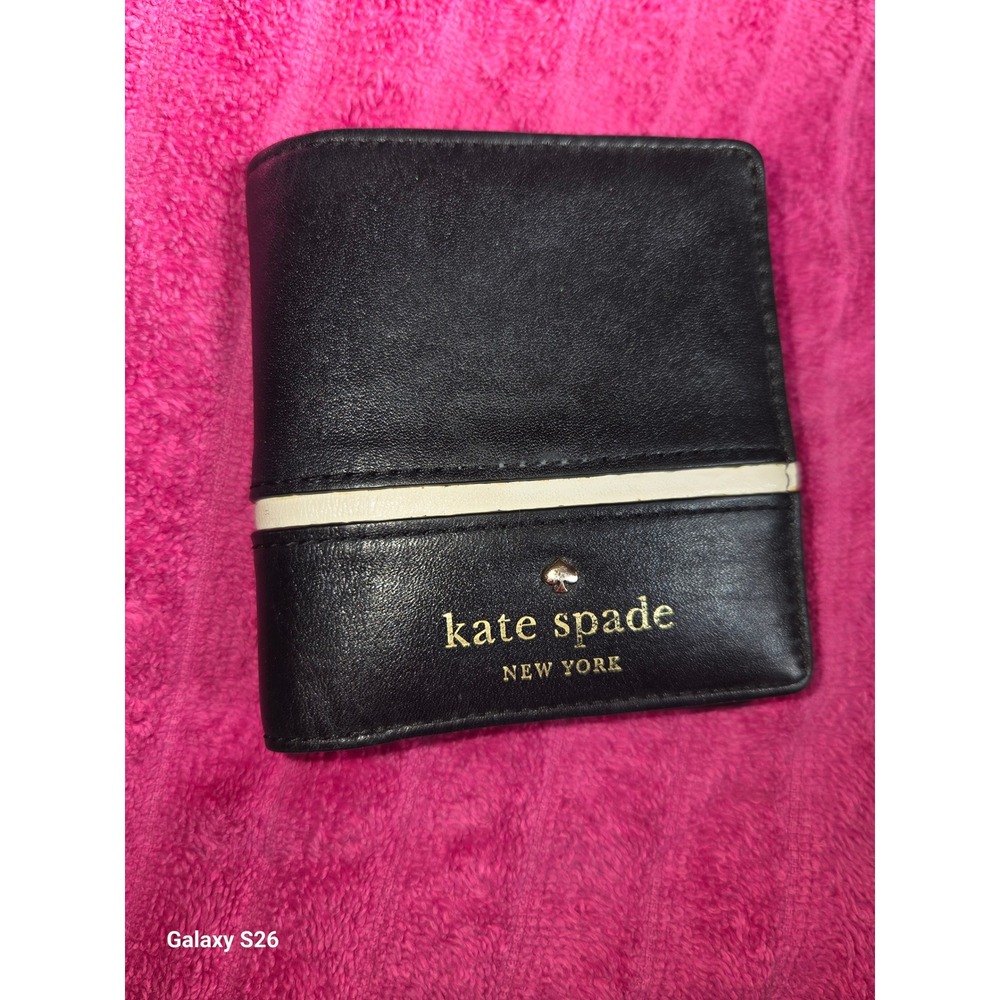 W11. Kate Spade New York Black Leather Bifold Wallet Cream Stripe Gold Logo